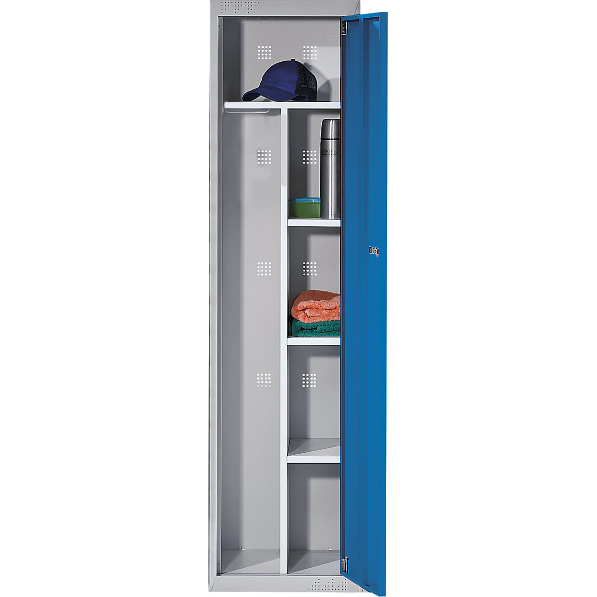 Cloakroom locker system – eurokraft basic, with standard and extension modules, HxWxD 1800 x 450 x 500 mm, 1 hat shelf, 3 shelves, light grey / light blue, standard unit-9