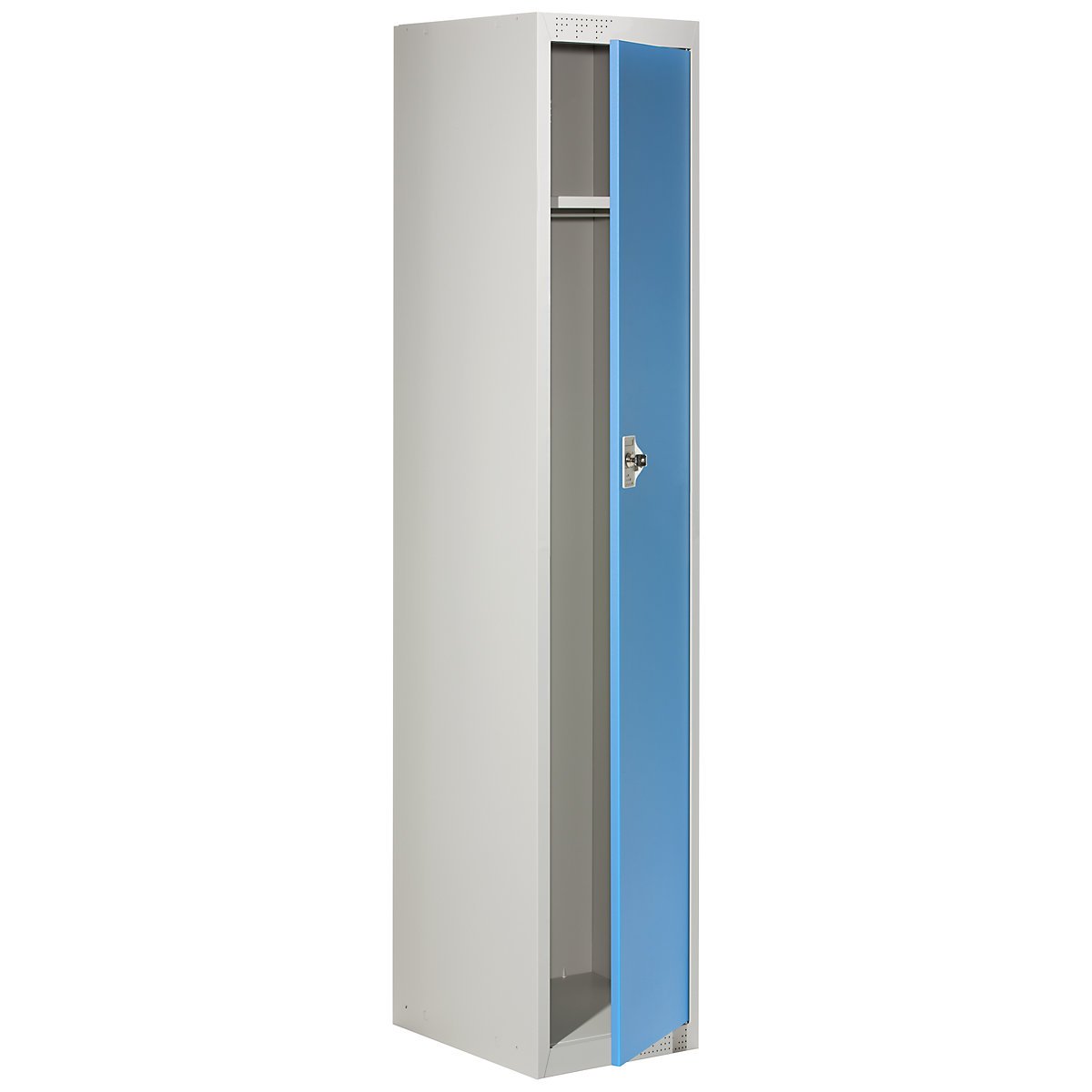 Cloakroom locker system – eurokraft basic, with standard and extension modules, HxWxD 1800 x 300 x 500 mm, 1 hat shelf, 1 clothes rail, light grey / light blue, standard unit-10