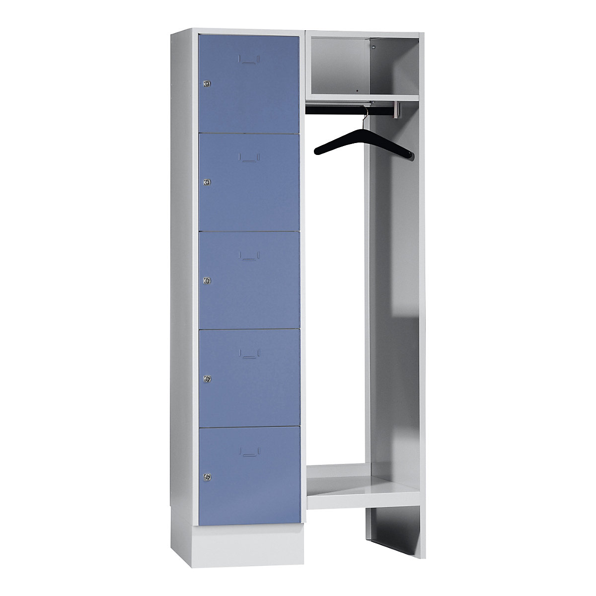 Cloakroom locker system – Wolf, 5 compartments on left, 5 coat hangers, overall width 850 mm, compartment width 398 mm, pigeon blue / light grey-8