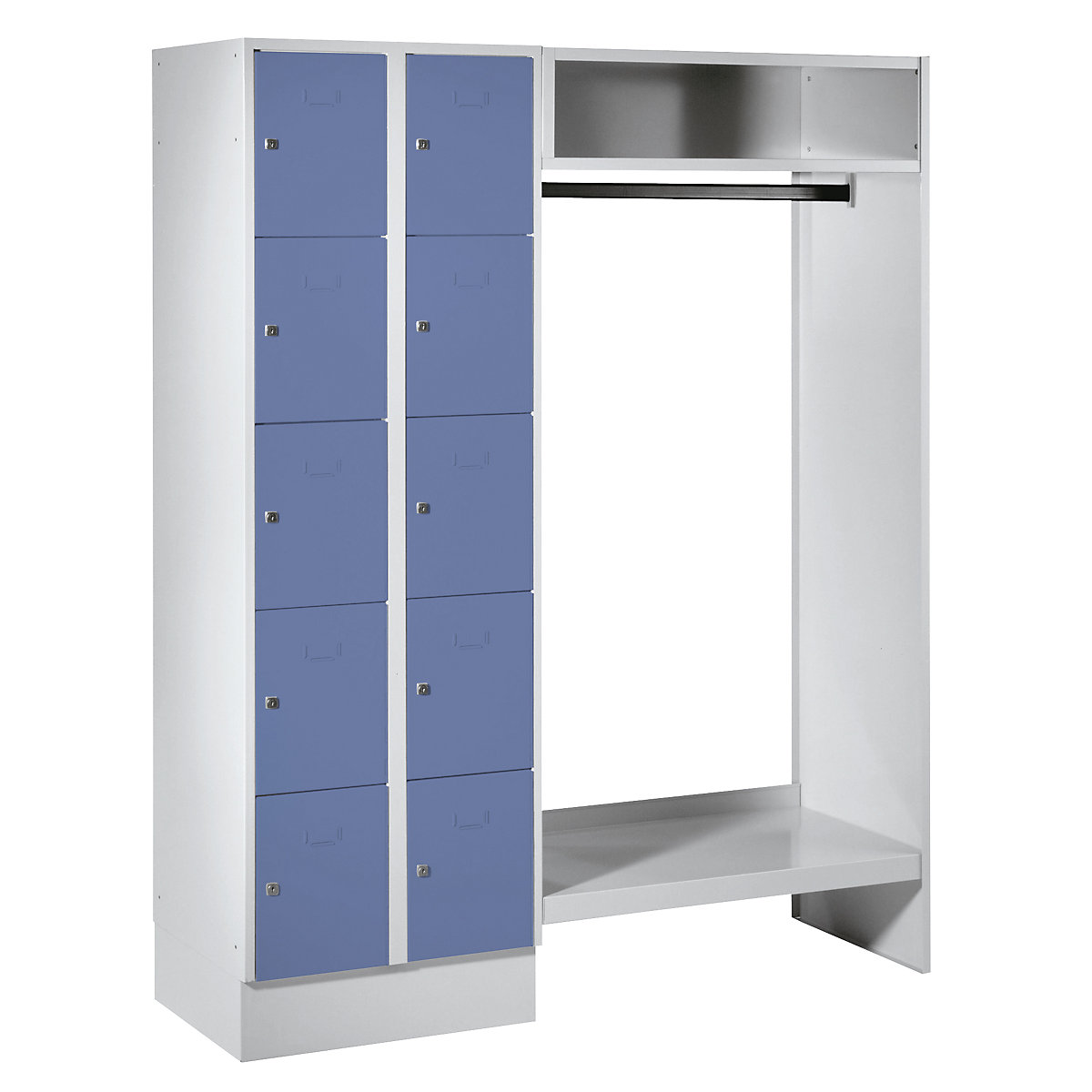 Cloakroom locker system – Wolf, 10 compartments on left, 10 coat hangers, overall width 1470 mm, compartment width 298 mm, pigeon blue/light grey-15