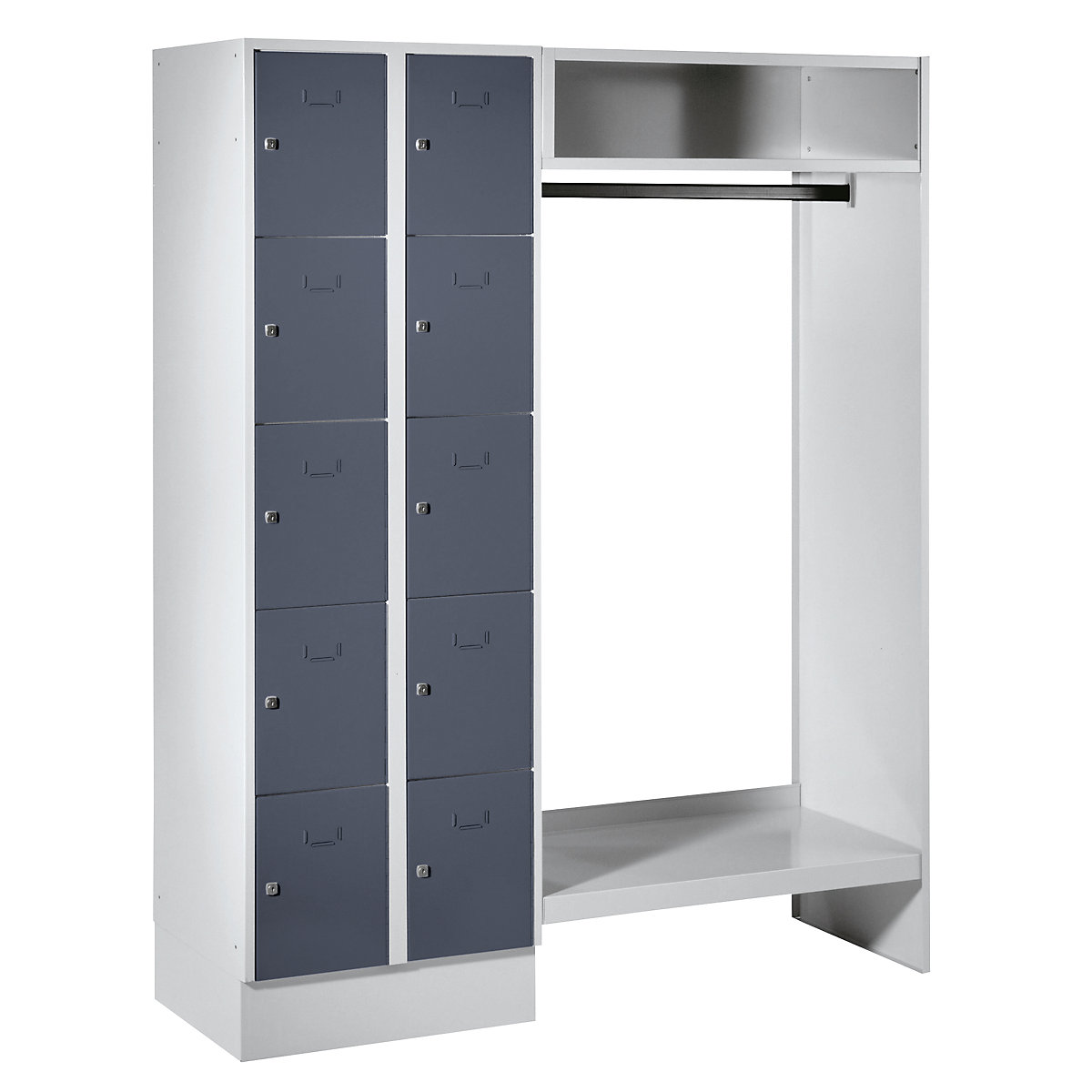 Cloakroom locker system – Wolf, 10 compartments on left, 10 coat hangers, overall width 1470 mm, compartment width 298 mm, basalt grey/light grey-12