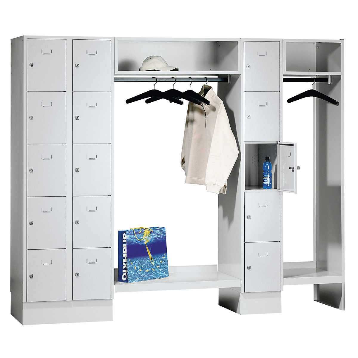 Cloakroom locker system – Wolf, 15 compartments left / centre, 15 coat hangers, overall width 2220 mm, compartment width 298 mm, light grey-8