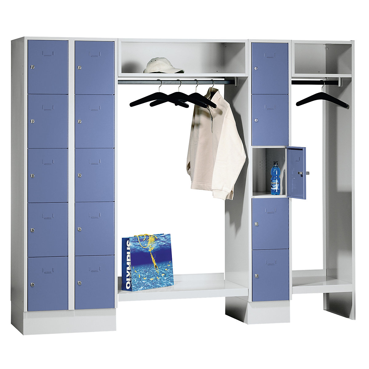Cloakroom locker system – Wolf, 15 compartments left / centre, 15 coat hangers, overall width 2220 mm, compartment width 298 mm, pigeon blue/light grey-11