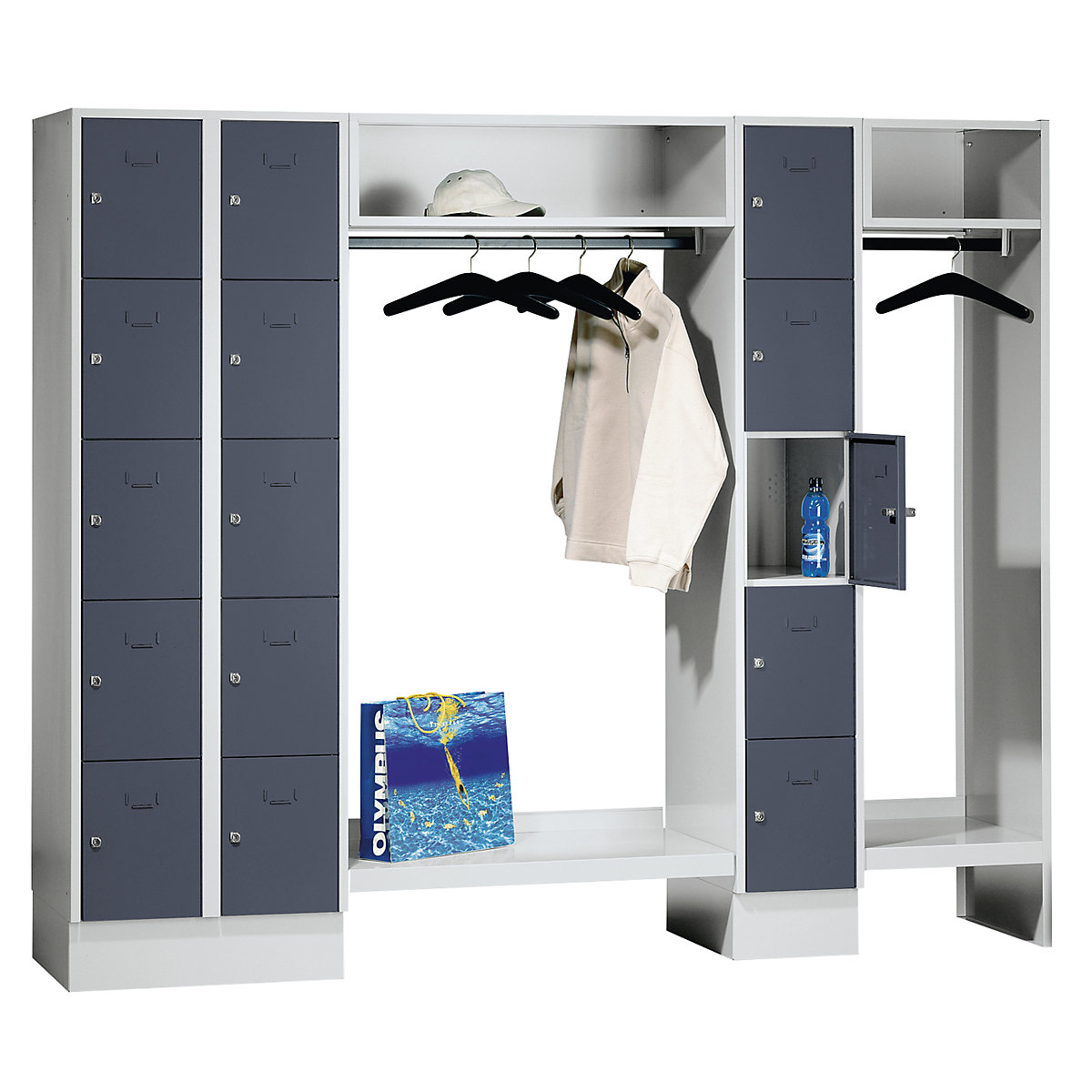 Cloakroom locker system – Wolf, 15 compartments left / centre, 15 coat hangers, overall width 2220 mm, compartment width 298 mm, basalt grey/light grey-10