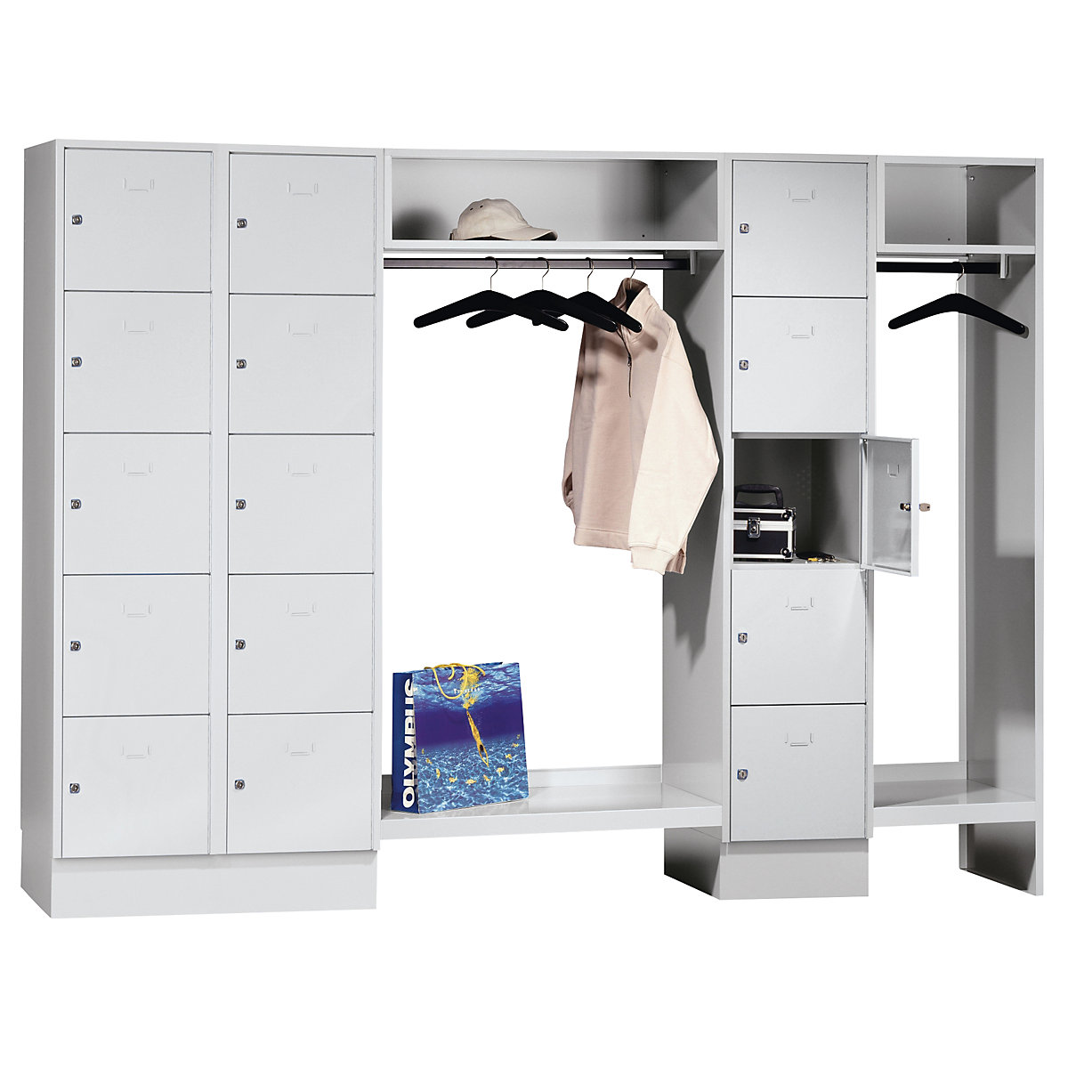 Cloakroom locker system – Wolf, 15 compartments left / centre, 15 coat hangers, overall width 2520 mm, compartment width 398 mm, light grey-7
