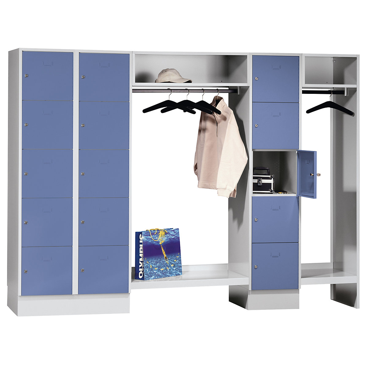 Cloakroom locker system – Wolf, 15 compartments left / centre, 15 coat hangers, overall width 2520 mm, compartment width 398 mm, pigeon blue/light grey-12