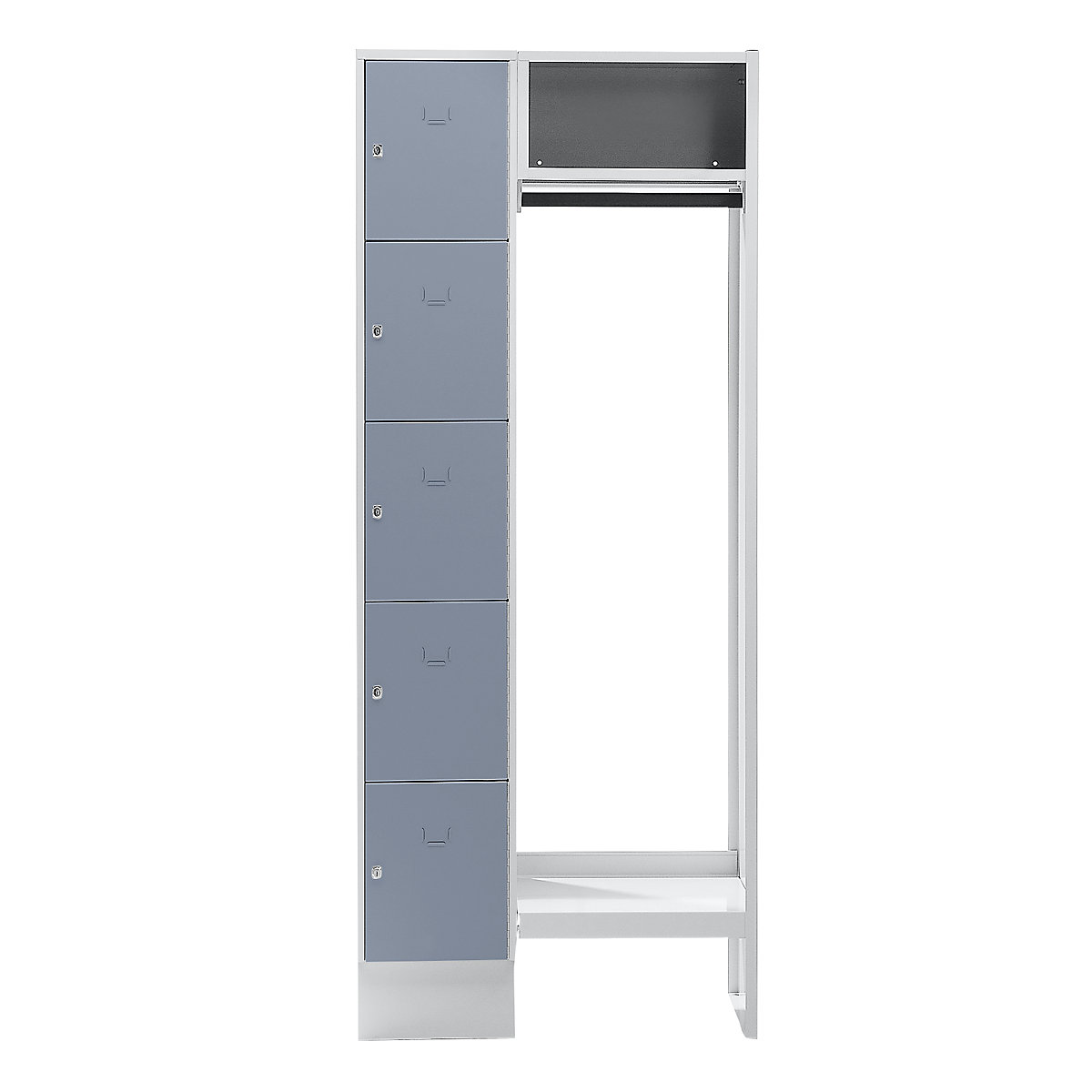 Cloakroom locker system – Wolf, 5 compartments on left, 5 coat hangers, overall width 750 mm, compartment width 298 mm, silver grey/light grey-16