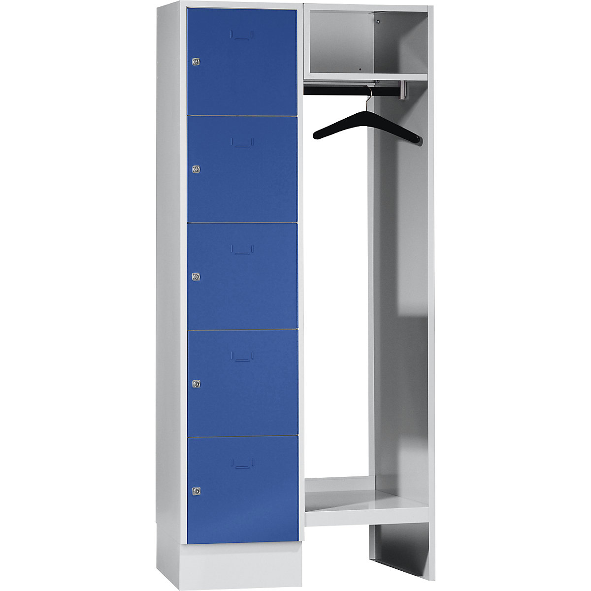 Cloakroom locker system – Wolf, 5 compartments on left, 5 coat hangers, overall width 850 mm, compartment width 398 mm, gentian blue-9