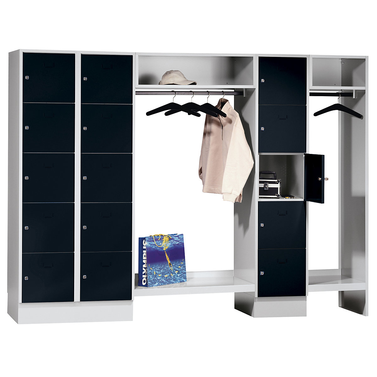 Cloakroom locker system – Wolf, 15 compartments left / centre, 15 coat hangers, overall width 2520 mm, compartment width 398 mm, jet black/light grey-2