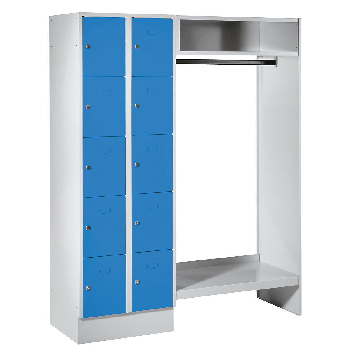 Cloakroom locker system – Wolf, 10 compartments on left, 10 coat hangers, overall width 1470 mm, compartment width 298 mm, light blue/light grey-9