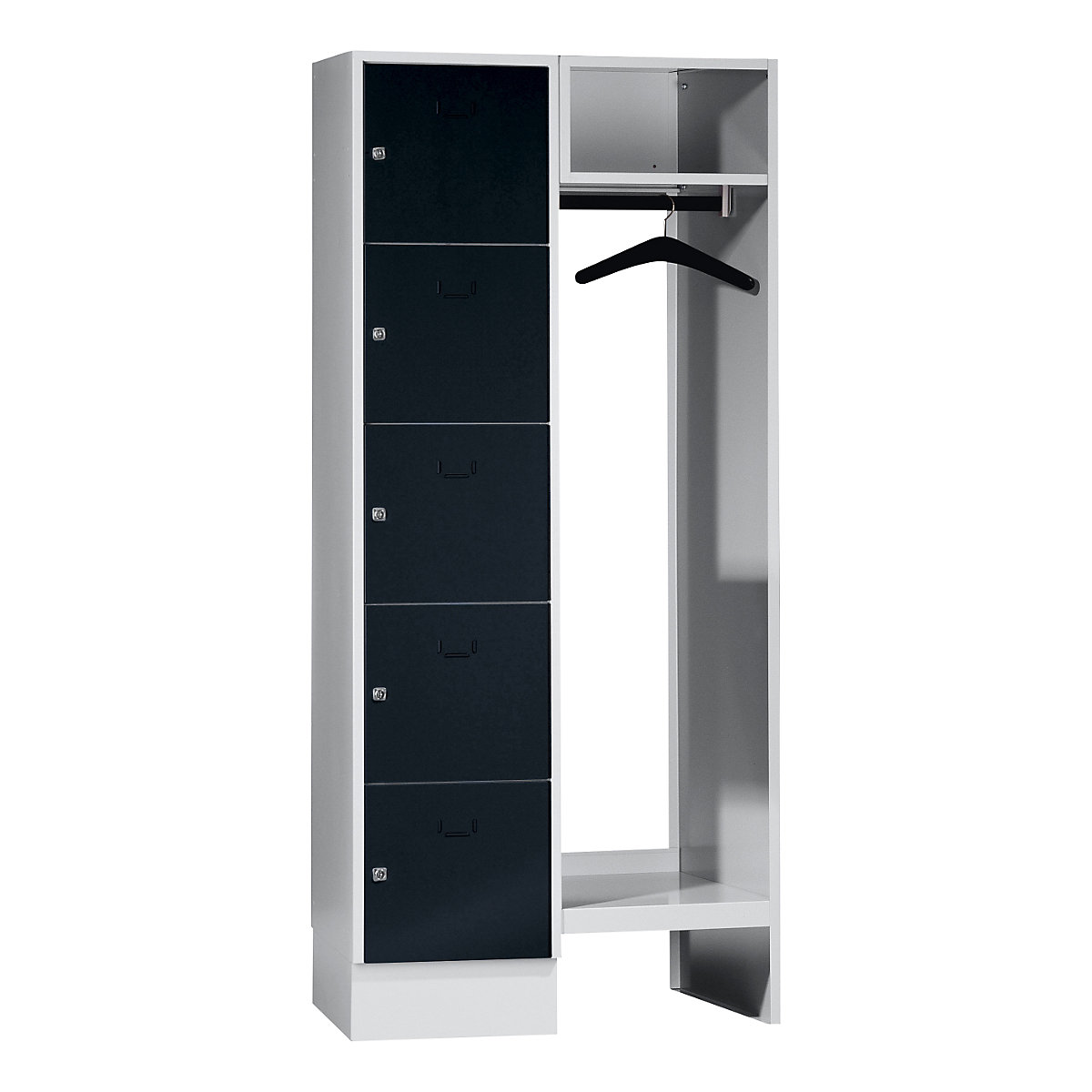 Cloakroom locker system – Wolf, 5 compartments on left, 5 coat hangers, overall width 850 mm, compartment width 398 mm, jet black / light grey-13