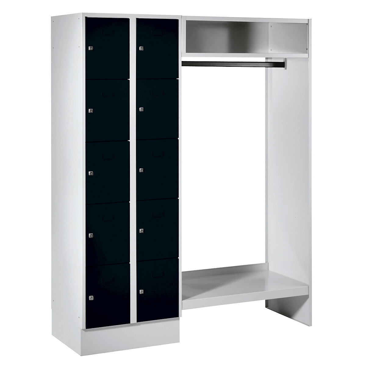 Cloakroom locker system – Wolf, 10 compartments on left, 10 coat hangers, overall width 1470 mm, compartment width 298 mm, jet black/light grey-8