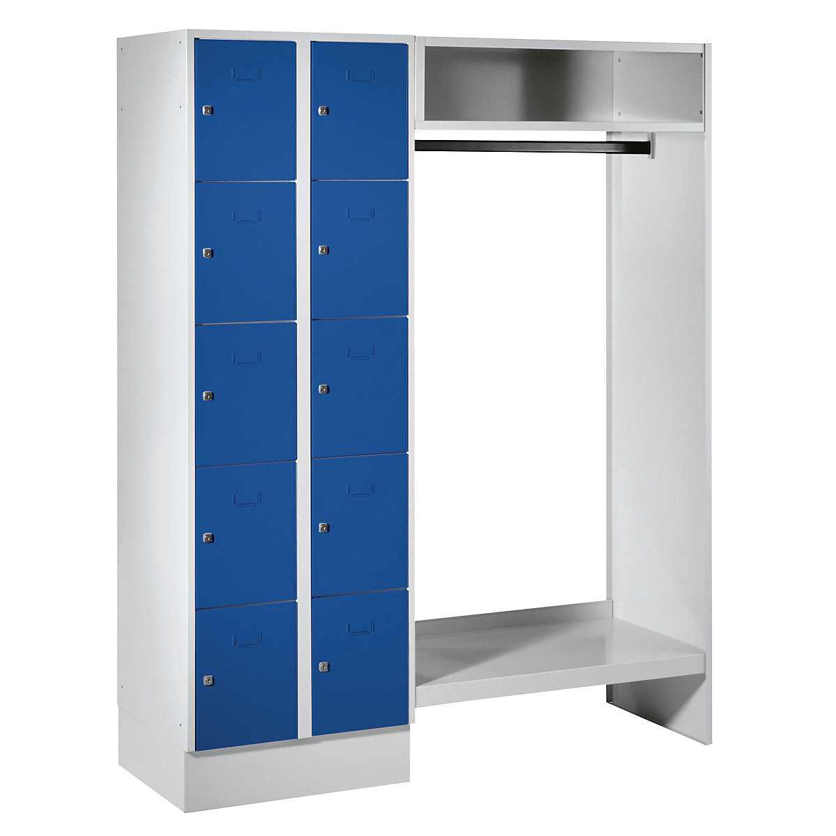 Cloakroom locker system – Wolf, 10 compartments on left, 10 coat hangers, overall width 1470 mm, compartment width 298 mm, gentian blue-16