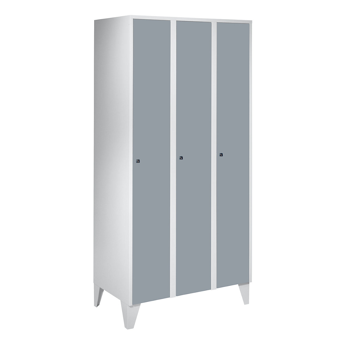 Cloakroom locker with feet – Wolf, HxWxD 1850 x 900 x 500 mm, 3 compartments, silver grey-3