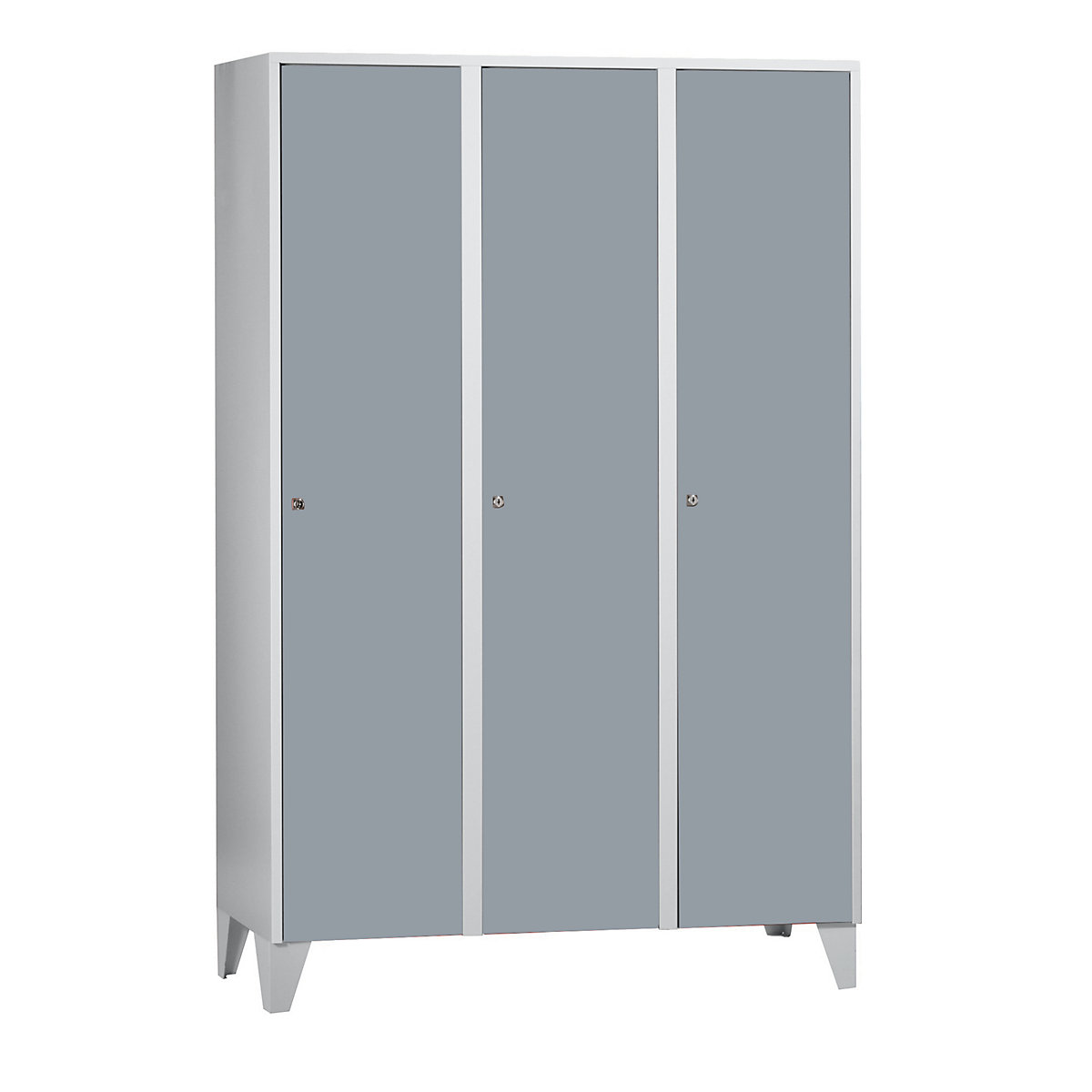 Cloakroom locker with feet – Wolf, HxWxD 1850 x 1200 x 500 mm, 3 compartments, silver grey-4