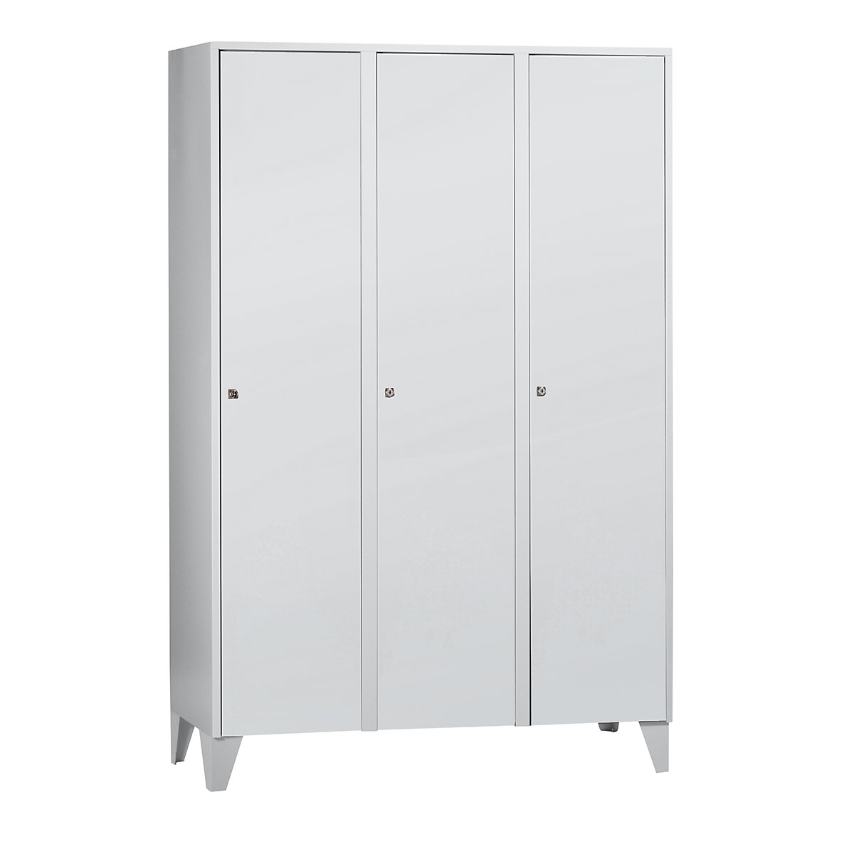 Cloakroom locker with feet – Wolf, HxWxD 1850 x 1200 x 500 mm, 3 compartments, light grey-6