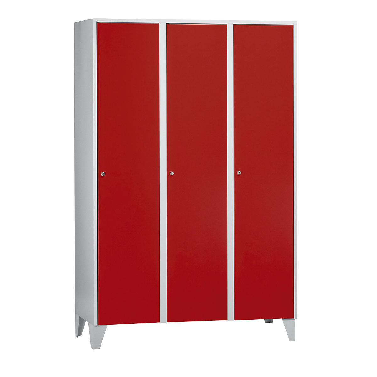 Cloakroom locker with feet – Wolf, HxWxD 1850 x 1200 x 500 mm, 3 compartments, flame red-7
