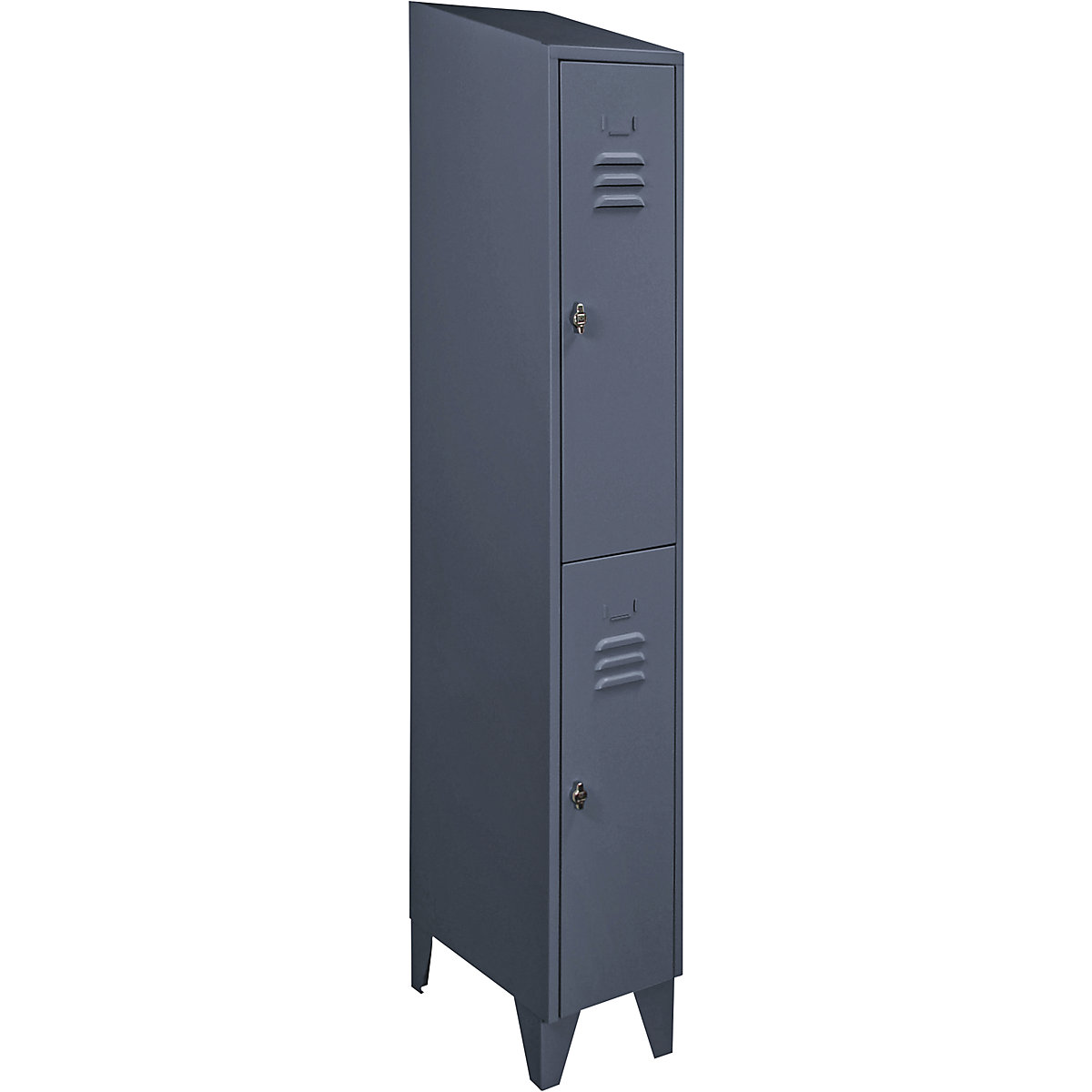Cloakroom locker with sloping roof, half-height compartments – Wolf, total width 300 mm, 2 compartments, blue grey RAL 7031-4