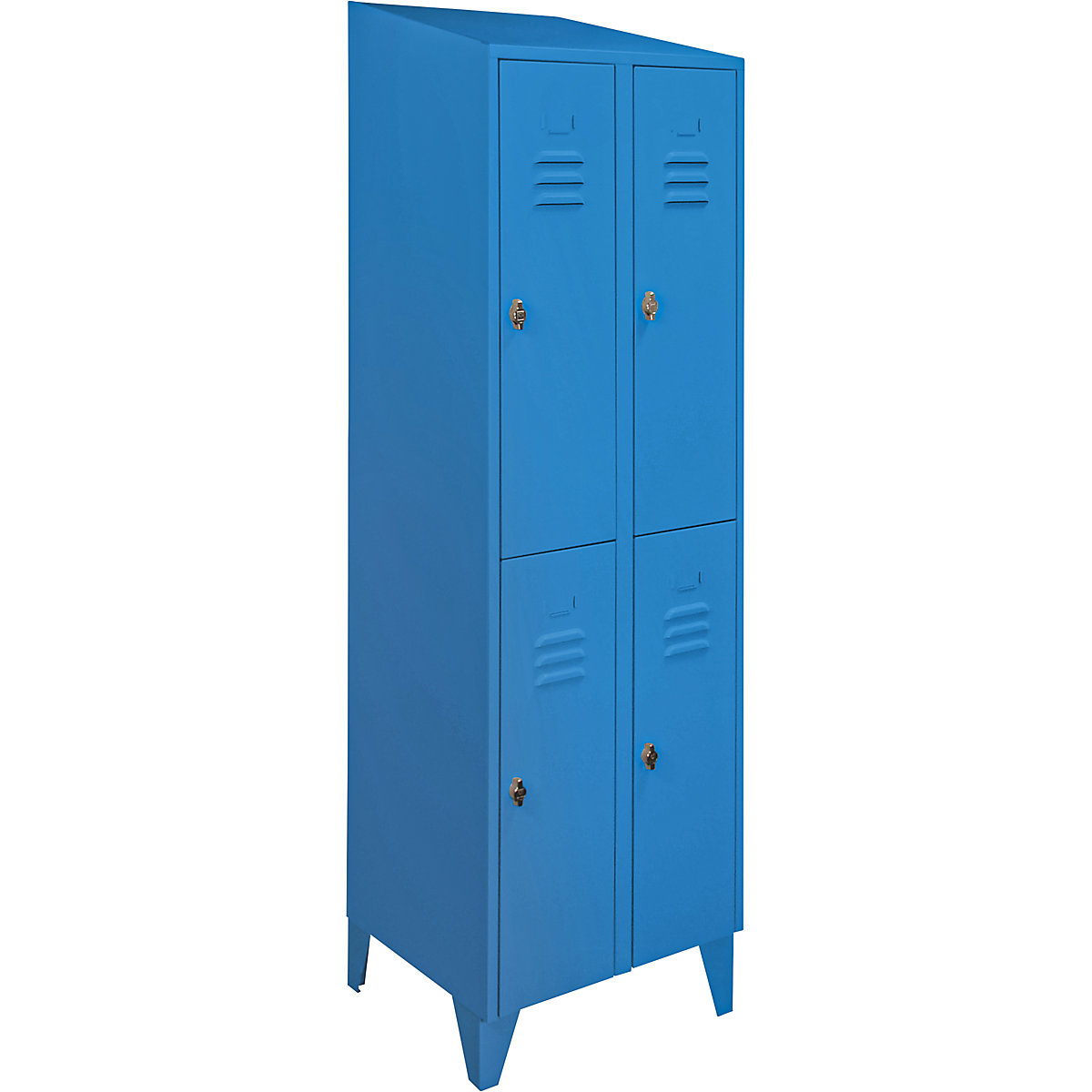 Cloakroom locker with sloping roof, half-height compartments – Wolf, total width 600 mm, 4 compartments, light blue RAL 5012-4