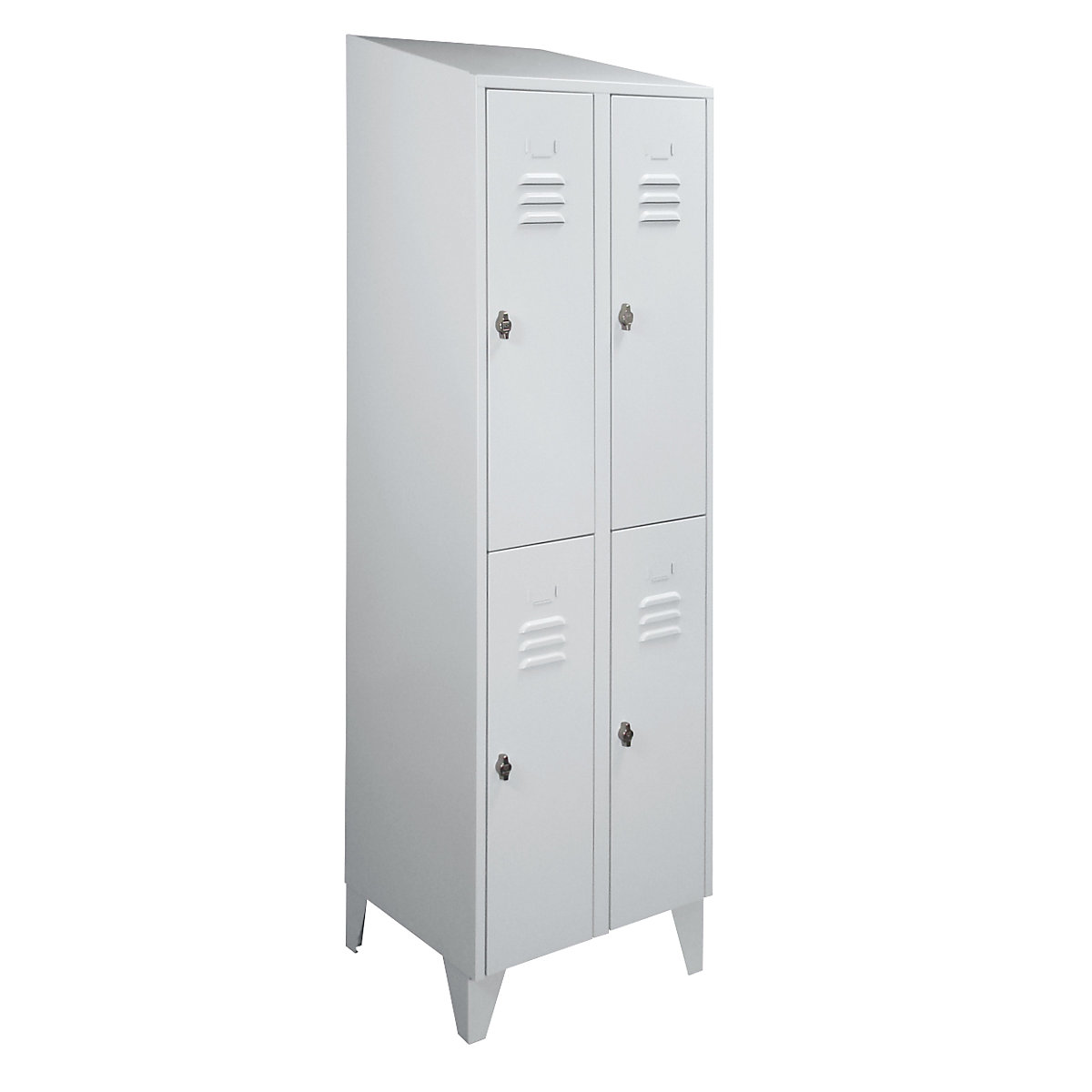 Cloakroom locker with sloping roof, half-height compartments – Wolf, total width 600 mm, 4 compartments, light grey RAL 7035-3