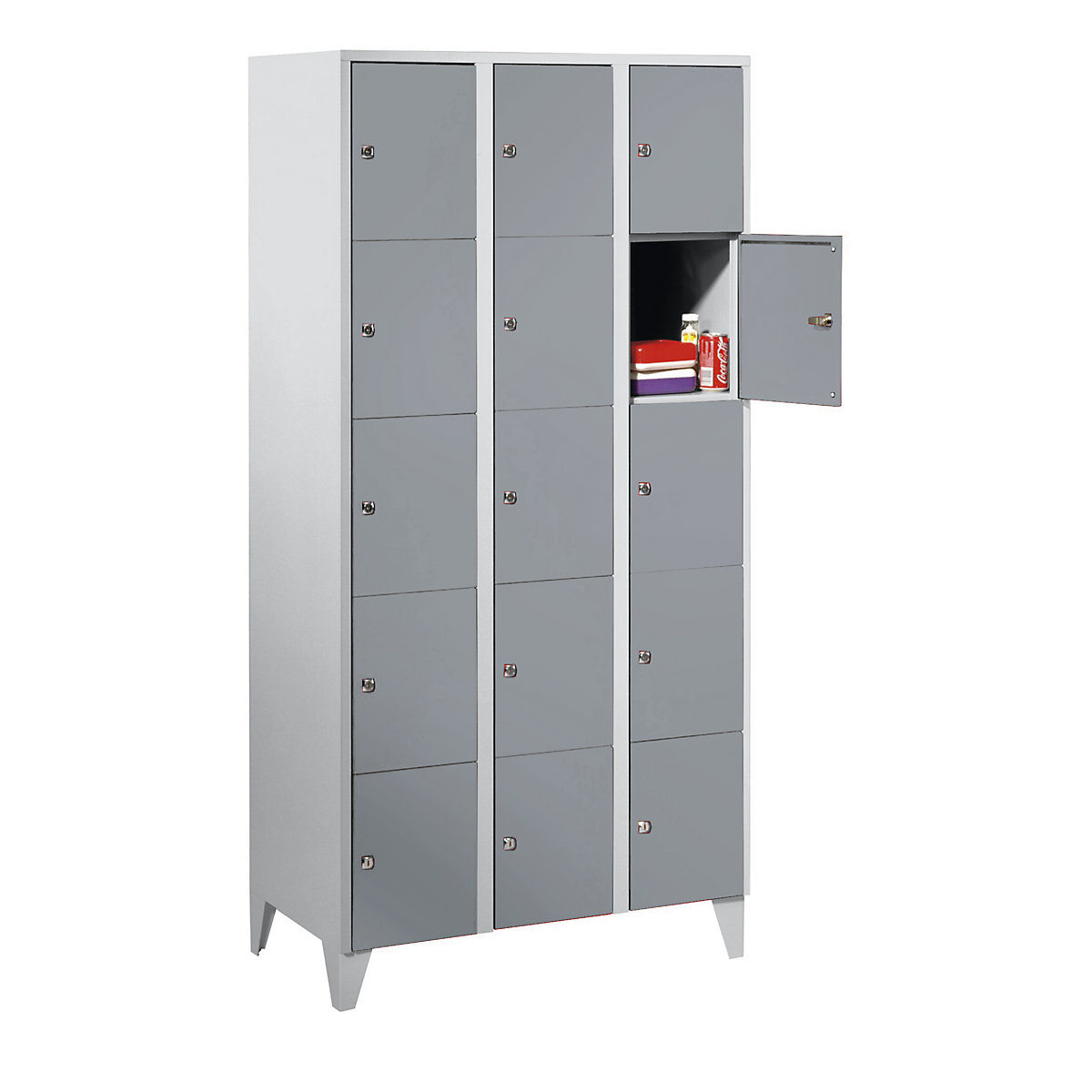 Clothes locker – Wolf, with stud feet, 15 compartments, 300 mm, light grey / silver grey-6