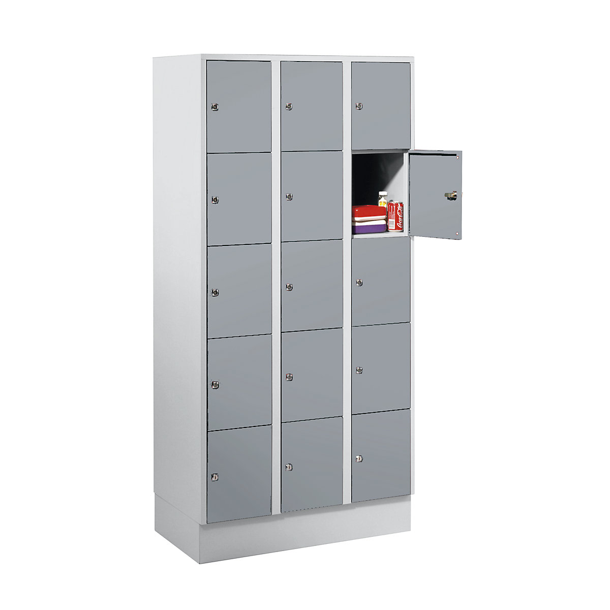 Clothes locker – Wolf, with plinth, 15 compartments, 300 mm, light grey / silver grey-4