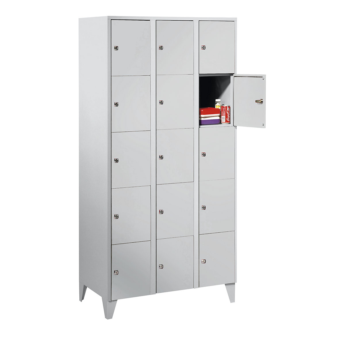 Clothes locker – Wolf, with stud feet, 15 compartments, 300 mm, light grey-4