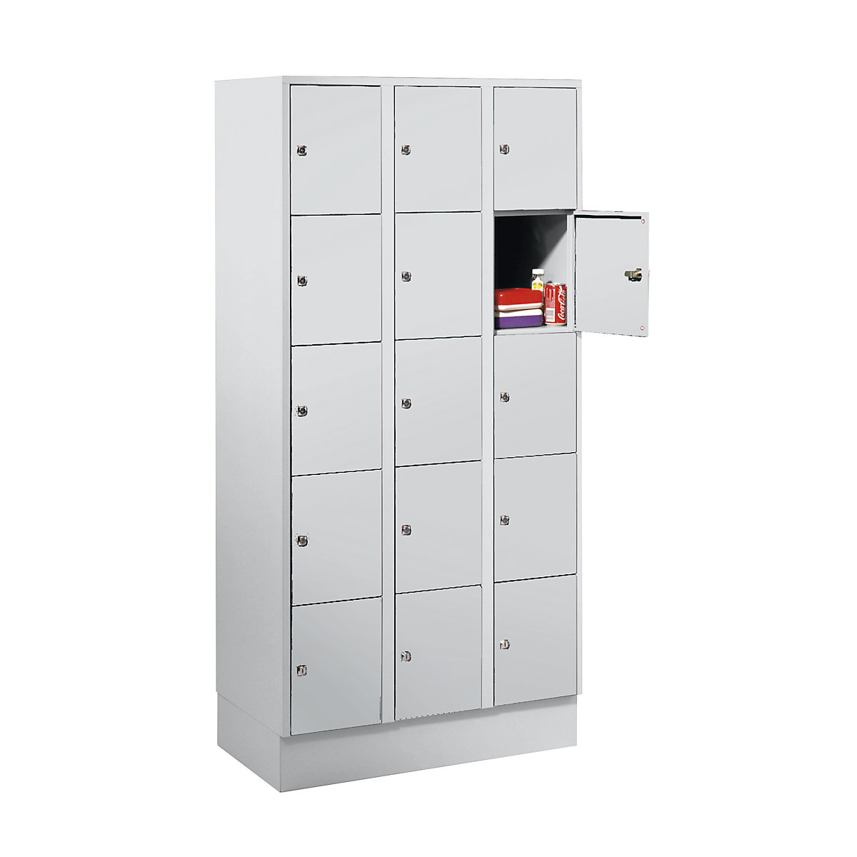 Clothes locker – Wolf, with plinth, 15 compartments, 300 mm, light grey-7