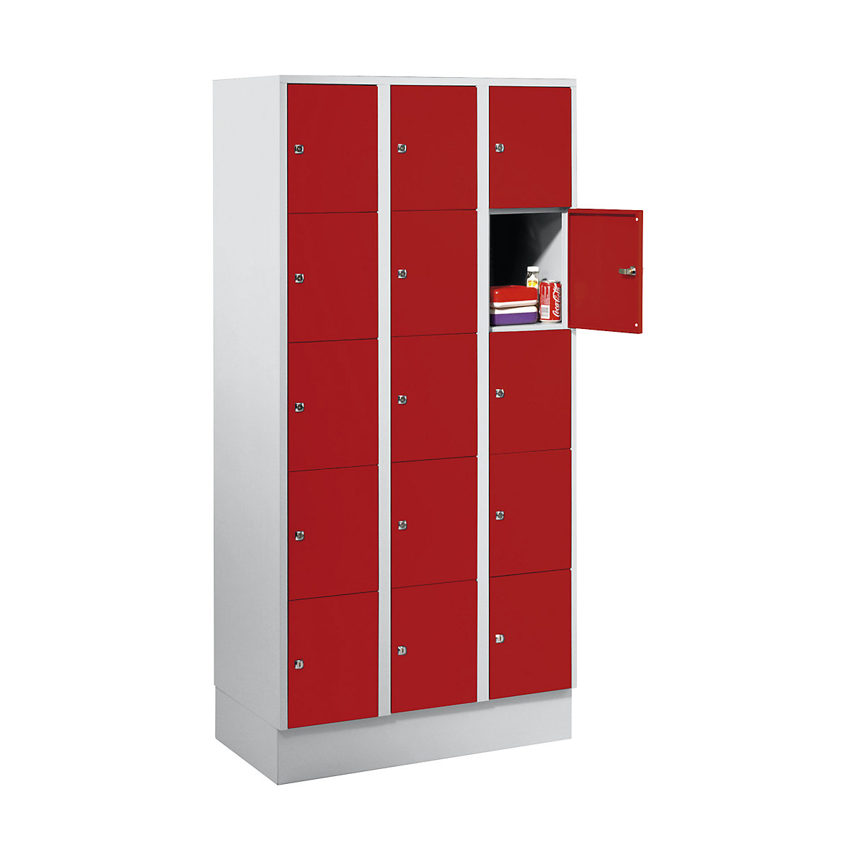 Clothes locker – Wolf, with plinth, 15 compartments, 300 mm, light grey / flame red-3