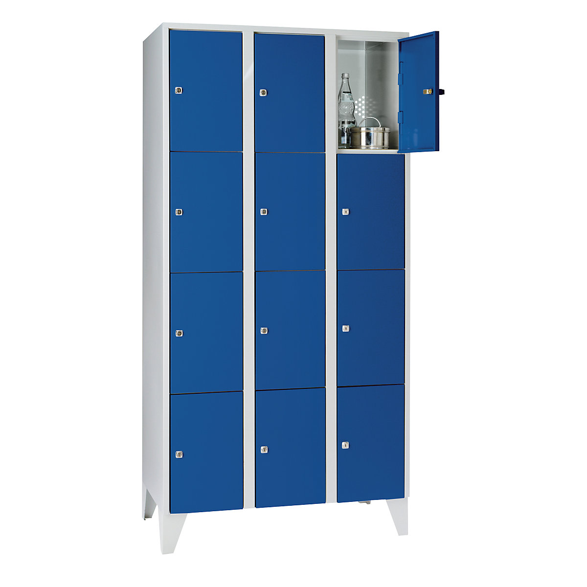 Clothes locker – Wolf, with stud feet, 12 compartments, 300 mm, light grey / gentian blue-6