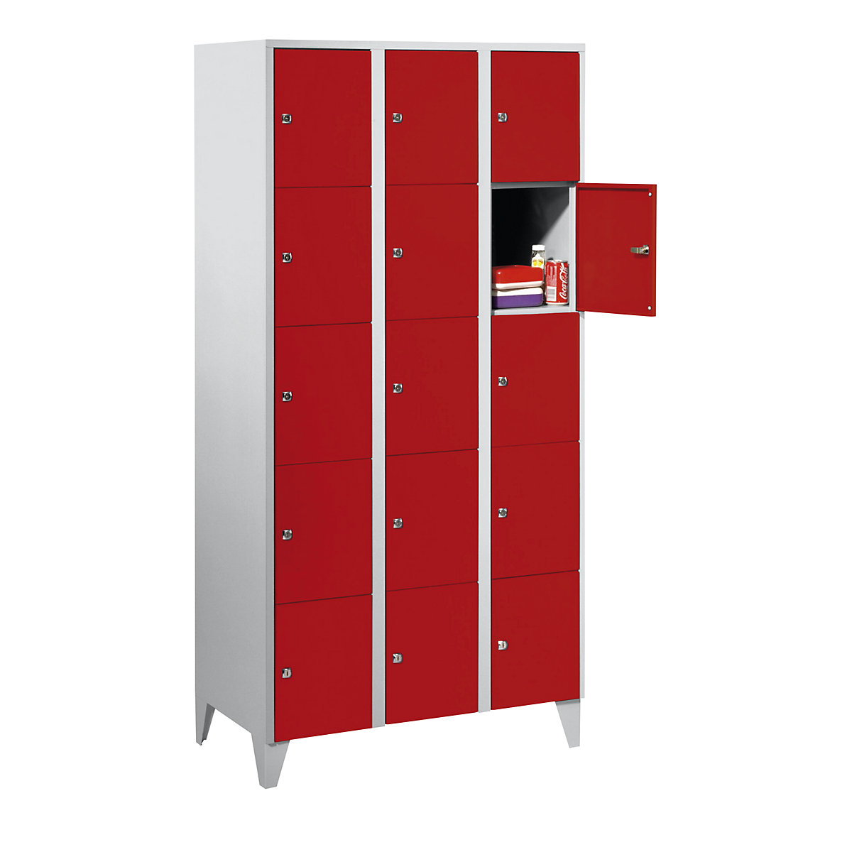 Clothes locker – Wolf, with stud feet, 15 compartments, 300 mm, light grey / flame red-7