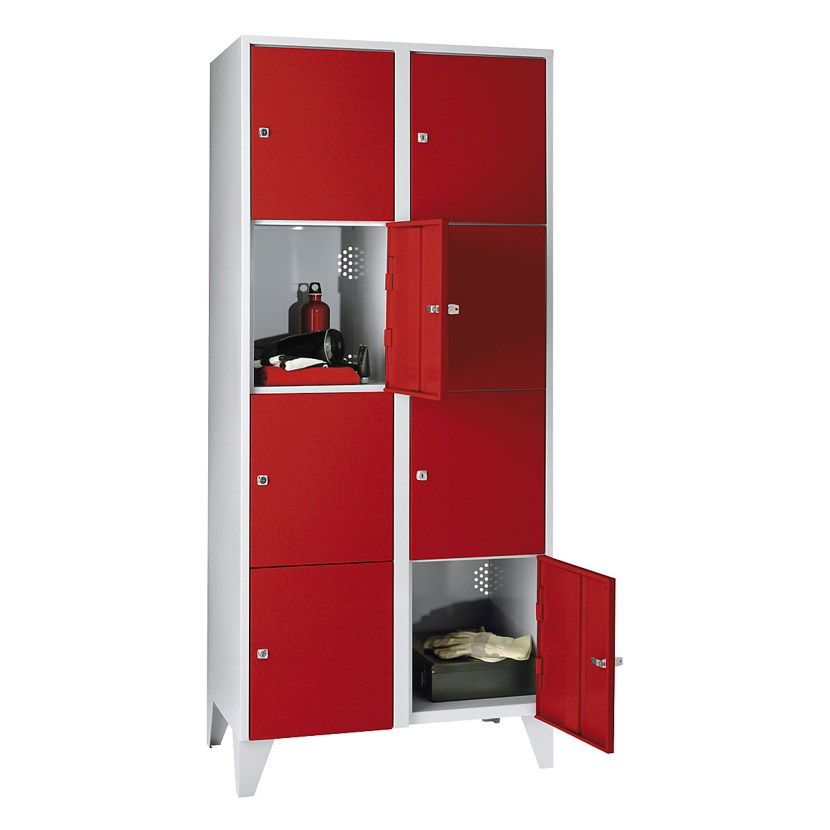 Clothes locker – Wolf, with stud feet, 8 compartments, 400 mm, light grey / flame red-5
