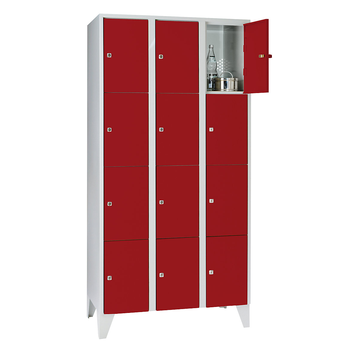 Clothes locker – Wolf, with stud feet, 12 compartments, 300 mm, light grey / flame red-5