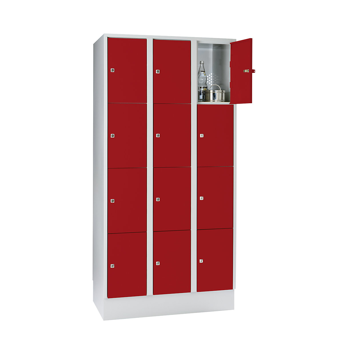 Clothes locker – Wolf, with plinth, 12 compartments, 300 mm, light grey / flame red-5