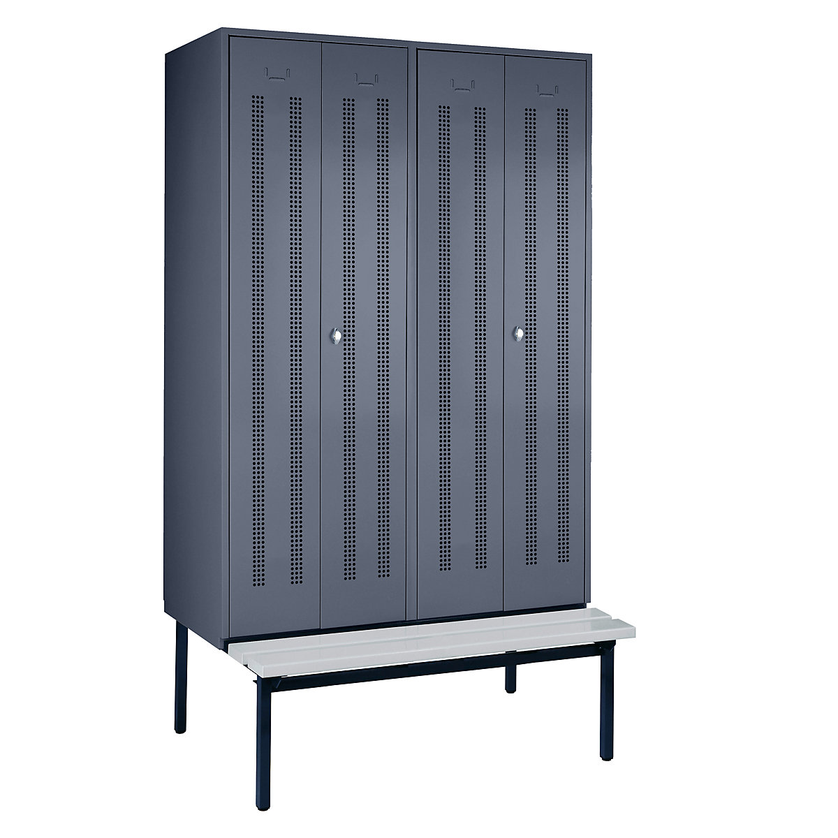 Clothes locker with bench mounted underneath – Wolf, perforated sheet metal doors, compartment width 600 mm, 2 compartments, blue grey-3