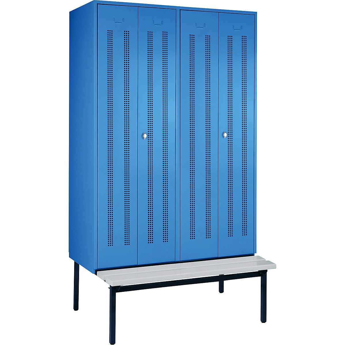 Clothes locker with bench mounted underneath – Wolf, perforated sheet metal doors, compartment width 600 mm, 2 compartments, light blue-4