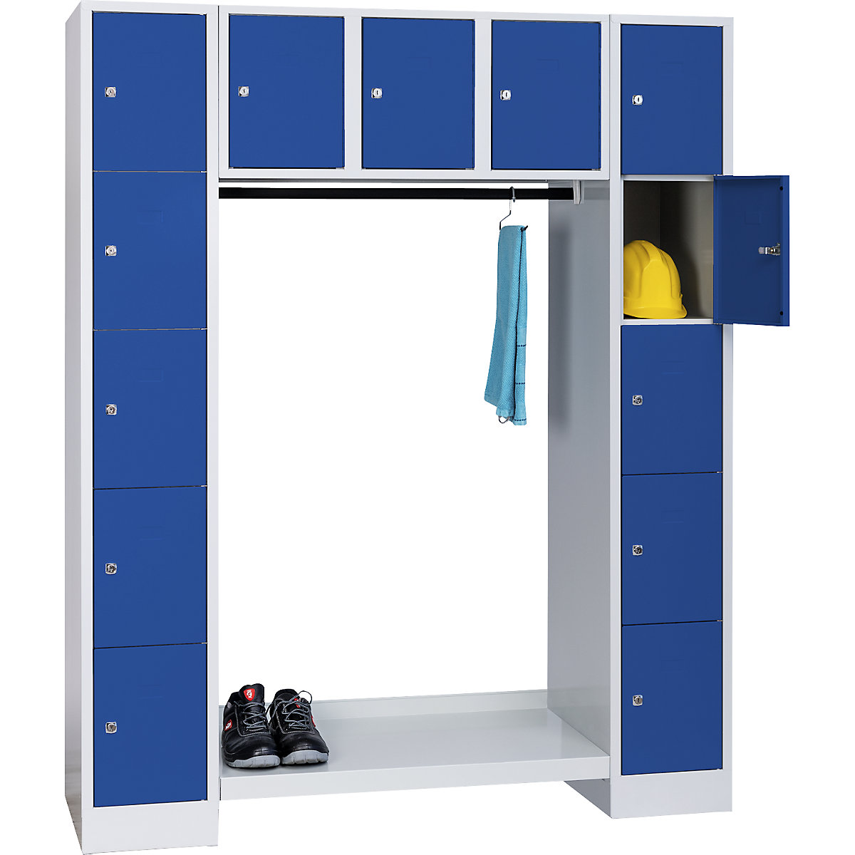Coat rack system, open – Wolf, overall HxW 1850 x 1500 mm, 13 compartments, gentian blue RAL 5010-3