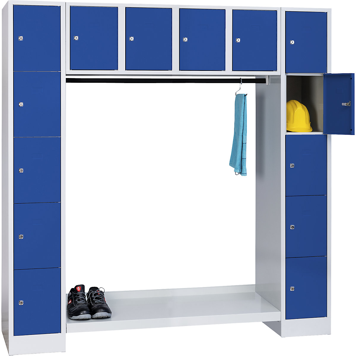 Coat rack system, open – Wolf, overall HxW 1850 x 1800 mm, 14 compartments, gentian blue RAL 5010-7