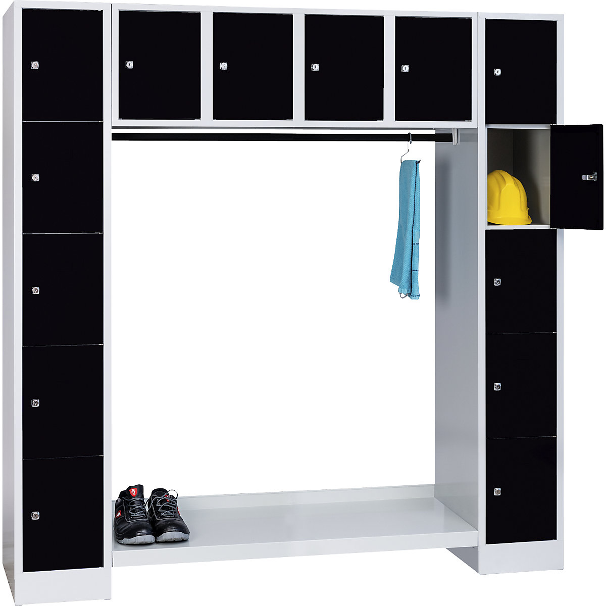 Coat rack system, open – Wolf, overall HxW 1850 x 1800 mm, 14 compartments, jet black RAL 9005-4