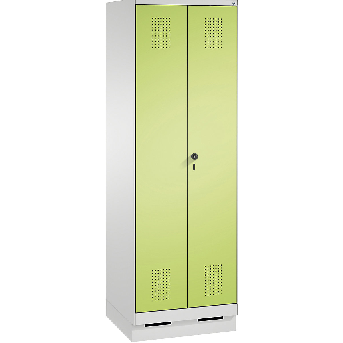 EVOLO cleaning supplies / equipment cupboard – C+P, short central partition, 6 hooks, compartments 2 x 300 mm, with plinth, light grey / viridian green-12