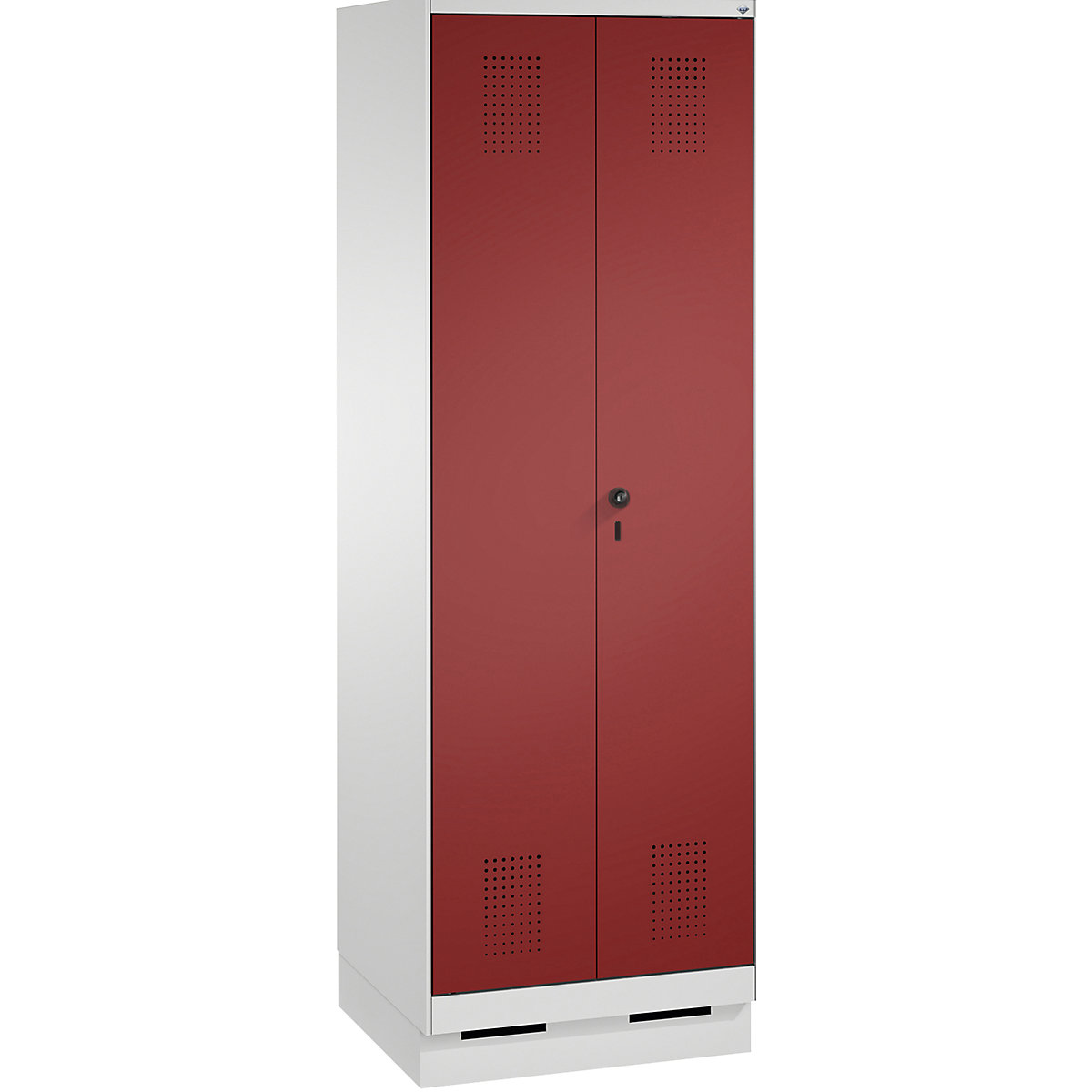 EVOLO cleaning supplies / equipment cupboard – C+P, short central partition, 6 hooks, compartments 2 x 300 mm, with plinth, light grey / ruby red-17