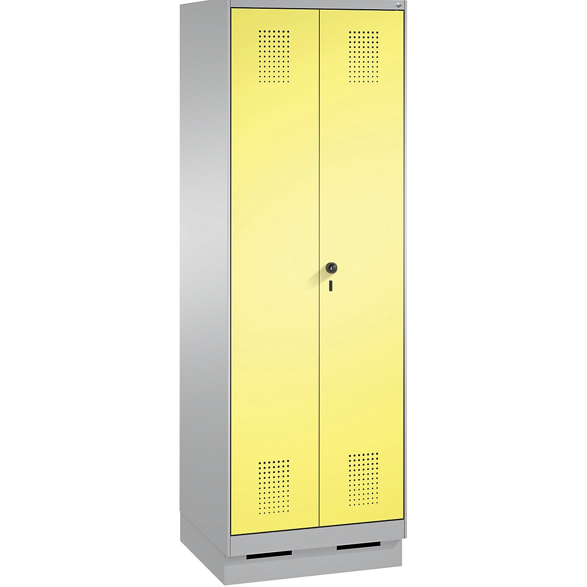 EVOLO cleaning supplies / equipment cupboard – C+P, short central partition, 6 hooks, compartments 2 x 300 mm, with plinth, white aluminium / sulphur yellow-13