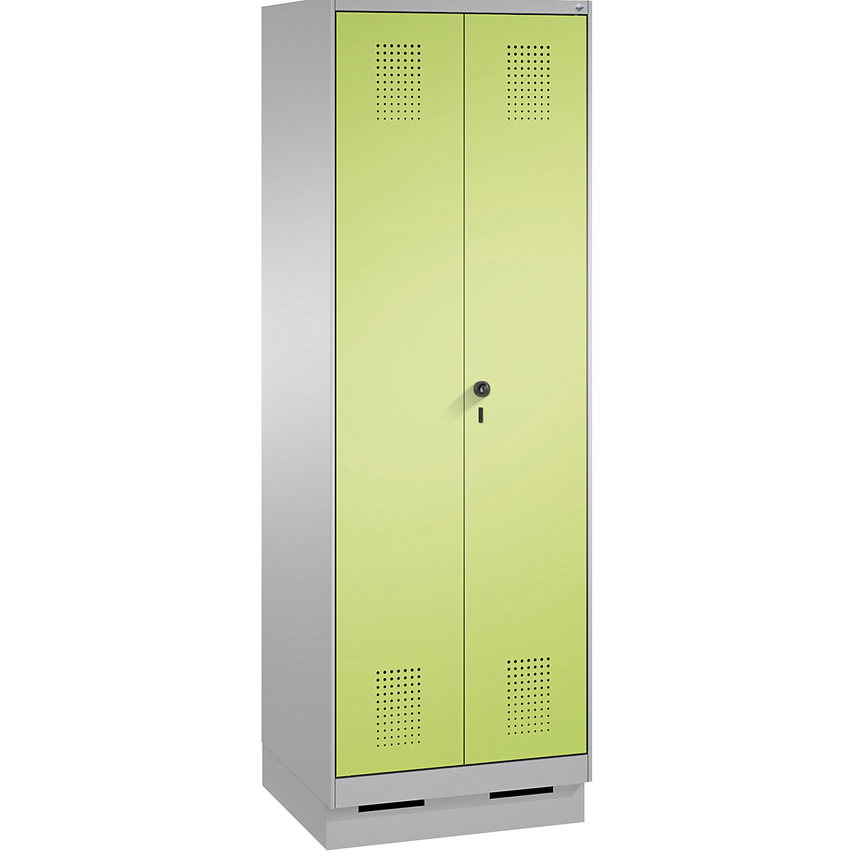 EVOLO cleaning supplies / equipment cupboard – C+P, short central partition, 6 hooks, compartments 2 x 300 mm, with plinth, white aluminium / viridian green-9