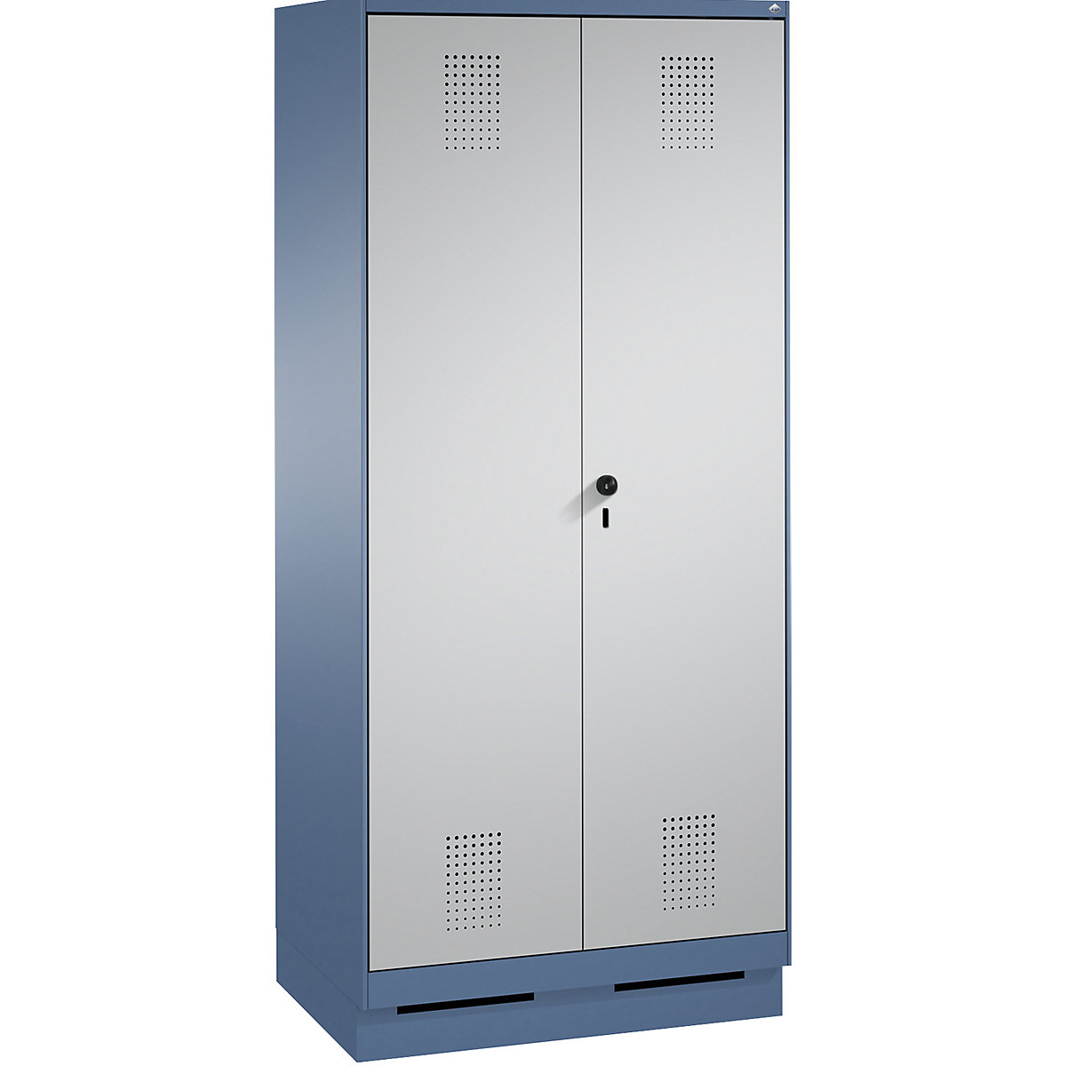 EVOLO cleaning supplies / equipment cupboard – C+P, short central partition, 6 hooks, compartments 2 x 400 mm, with plinth, distant blue / white aluminium-11