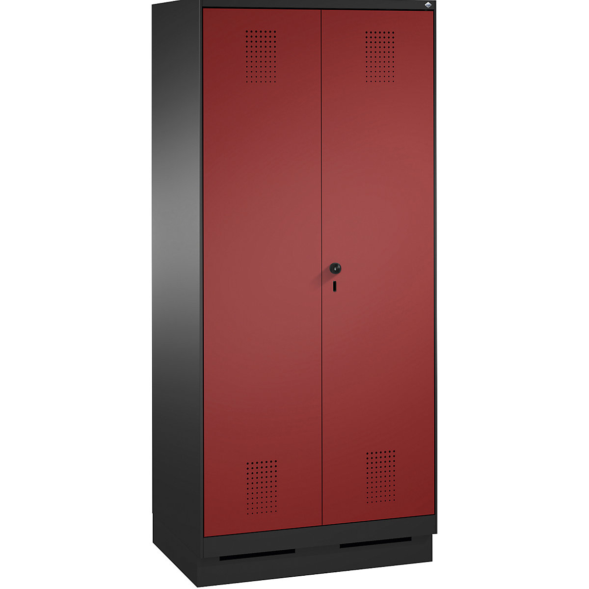 EVOLO cleaning supplies / equipment cupboard – C+P, short central partition, 6 hooks, compartments 2 x 400 mm, with plinth, black grey / ruby red-14