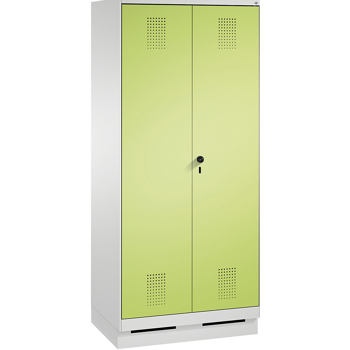 EVOLO cleaning supplies / equipment cupboard – C+P, short central partition, 6 hooks, compartments 2 x 400 mm, with plinth, light grey / viridian green-12