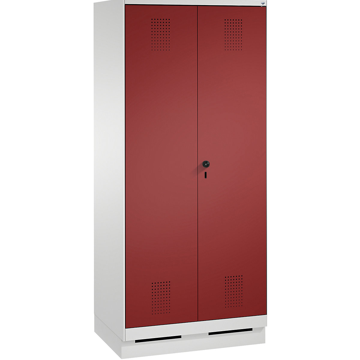 EVOLO cleaning supplies / equipment cupboard – C+P, short central partition, 6 hooks, compartments 2 x 400 mm, with plinth, light grey / ruby red-6