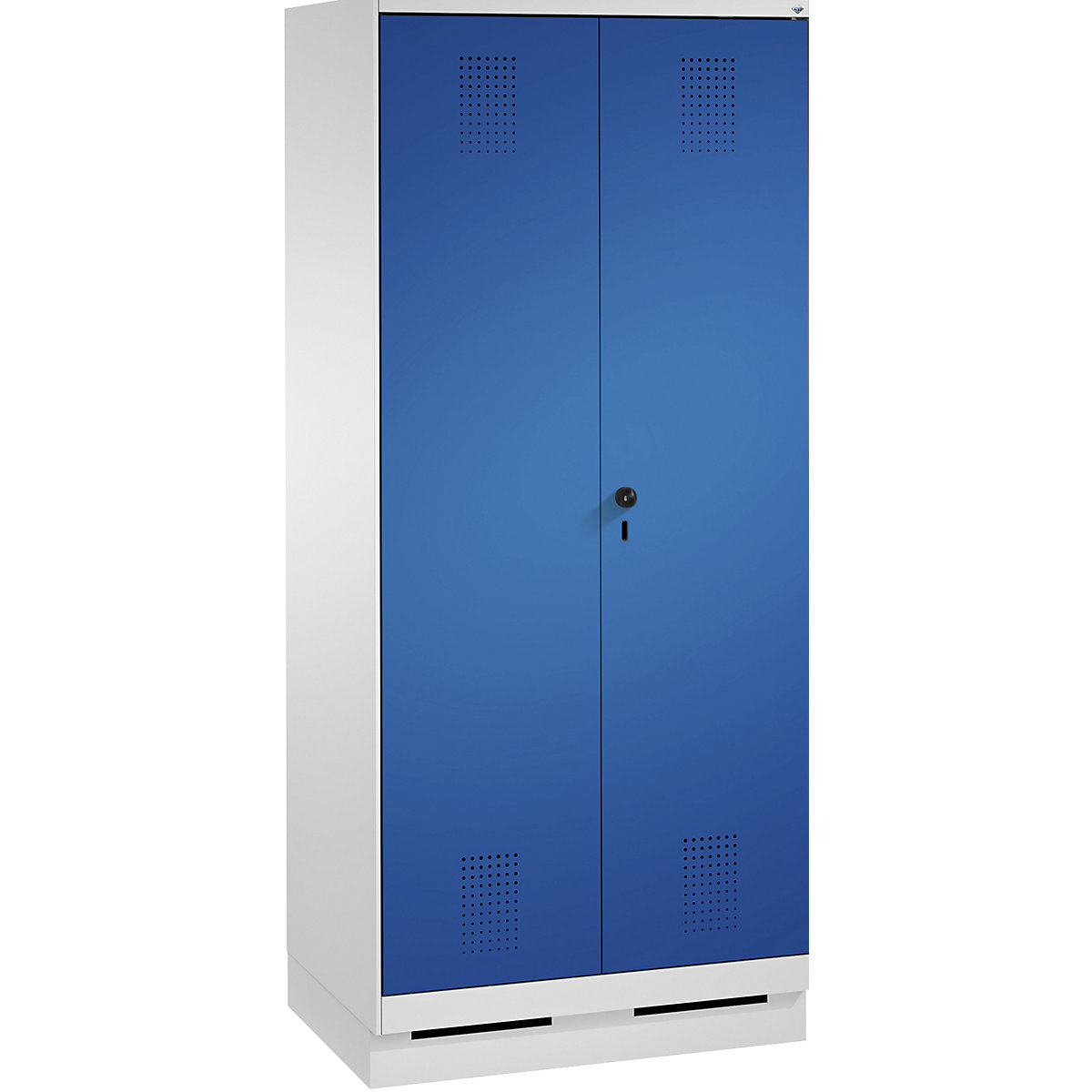 EVOLO cleaning supplies / equipment cupboard – C+P, short central partition, 6 hooks, compartments 2 x 400 mm, with plinth, light grey / gentian blue-17