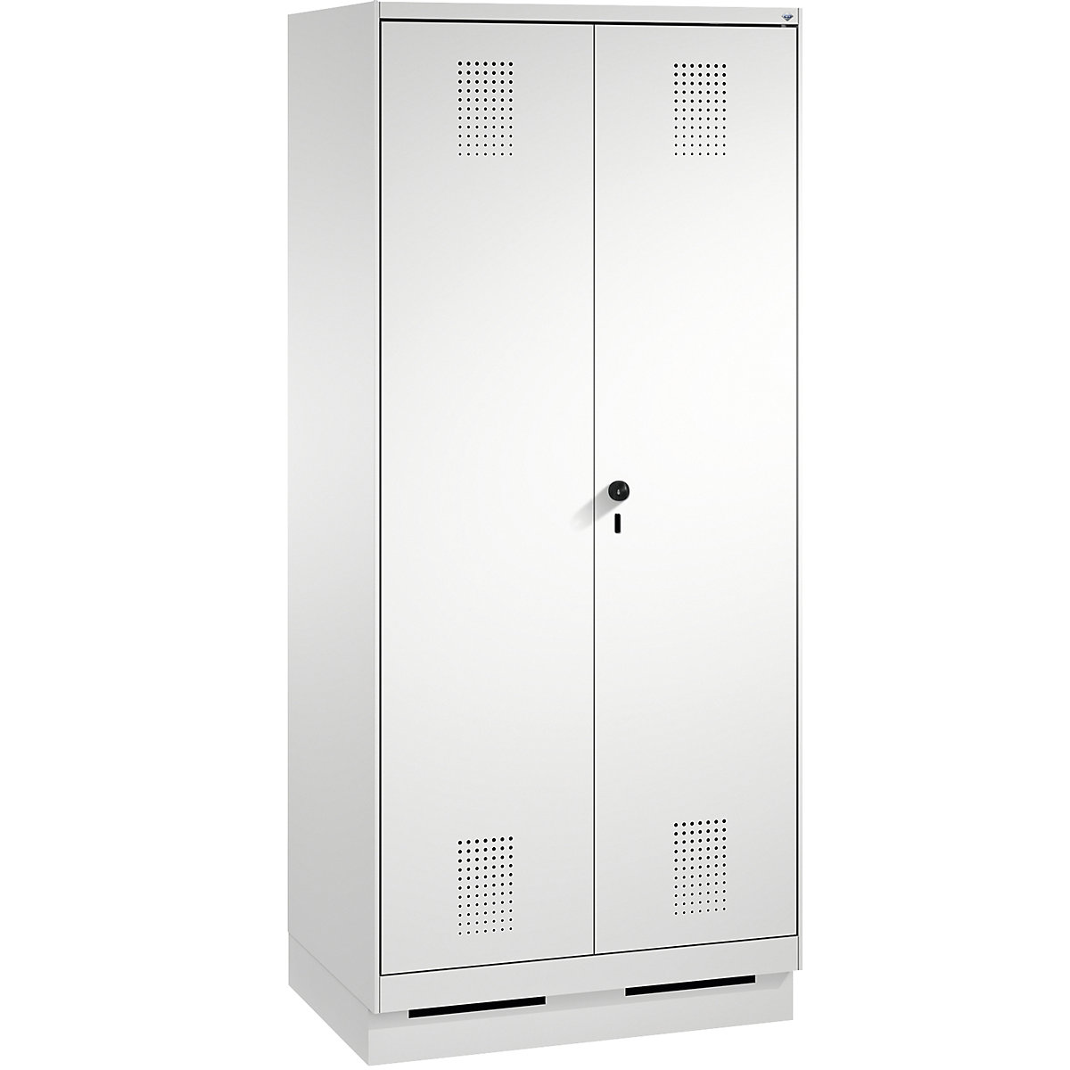 EVOLO cleaning supplies / equipment cupboard – C+P, short central partition, 6 hooks, compartments 2 x 400 mm, with plinth, light grey-8
