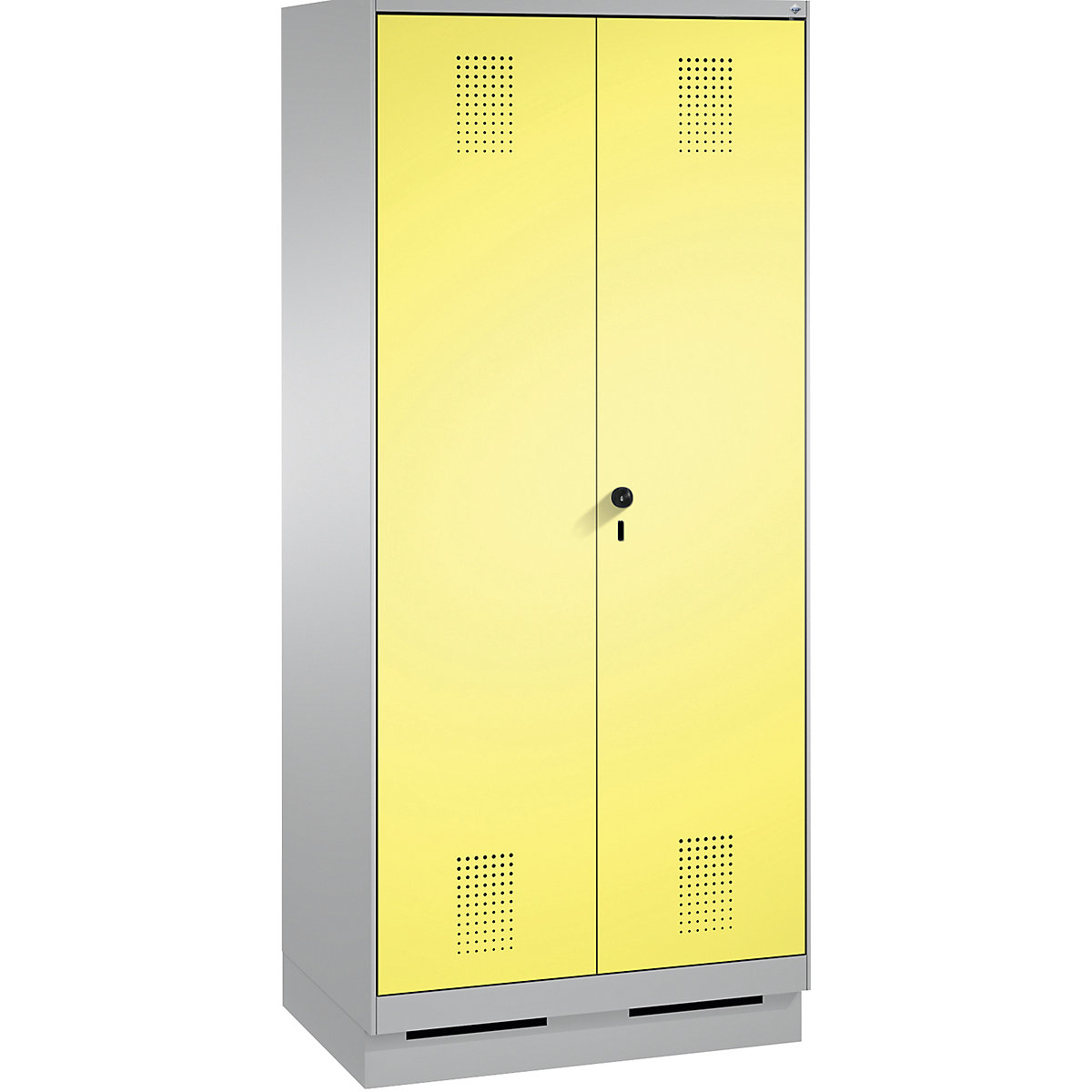 EVOLO cleaning supplies / equipment cupboard – C+P, short central partition, 6 hooks, compartments 2 x 400 mm, with plinth, white aluminium / sulphur yellow-3